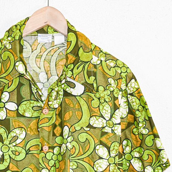 70's Vintage TownCraft JCPenney Green Retro floral Print Shirt Point collar sz L - Picture 3 of 5